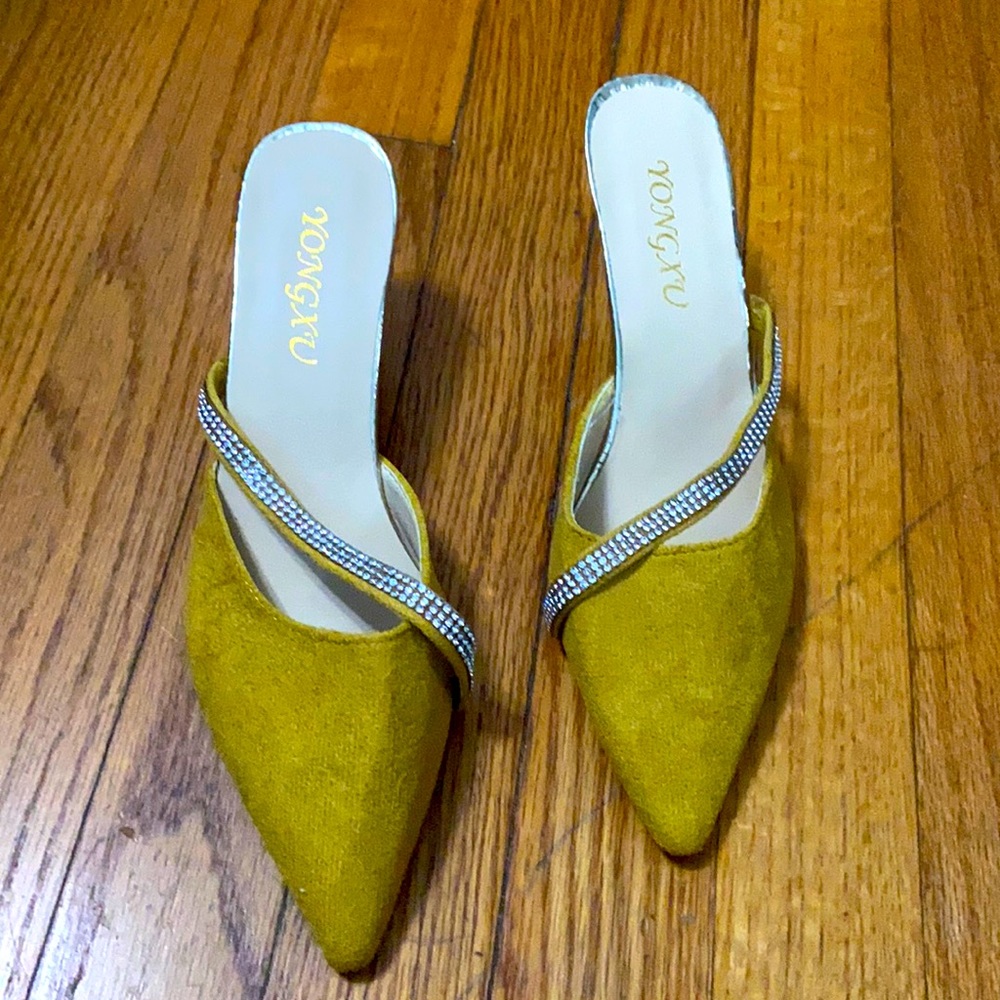 Mustard Mules with diamond embellishments